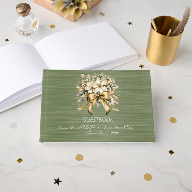 Livro De Visitas Green and White Christmas Winterberry Wedding (Frente aberta)