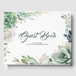 Livro De Visitas Greenery e Dourado Casamento Botânico Elegante