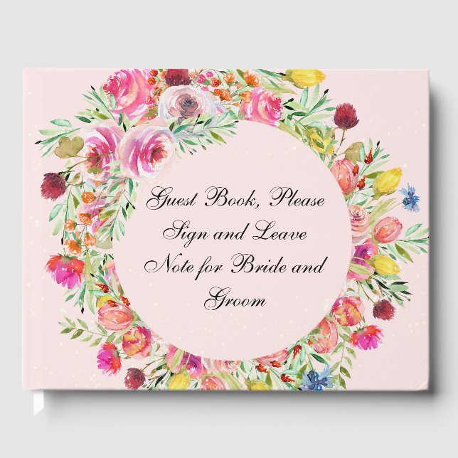 Livro De Visitas Guest Book with Pink Floral Wreath (Frente)