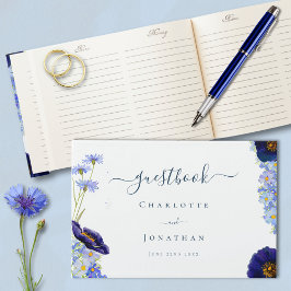 Livro De Visitas Guest de Casamento Azul de Flor Selvagem Elegante