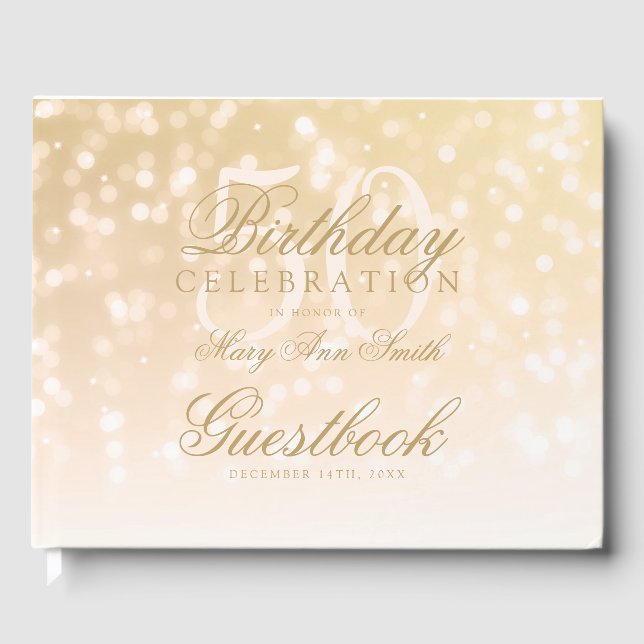 Livro De Visitas Guestbook 50th Birthday Bokeh Sparkle Lights (Frente)