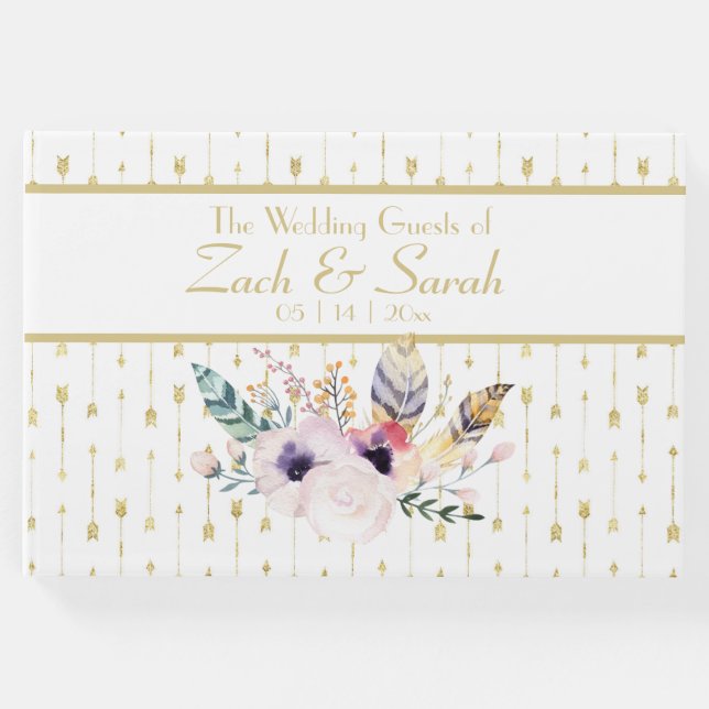 Livro De Visitas Guestbook bonito para Buquê Boho e Setas (Frente)