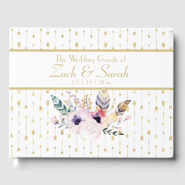 Livro De Visitas Guestbook bonito para Buquê Boho e Setas (Frente)