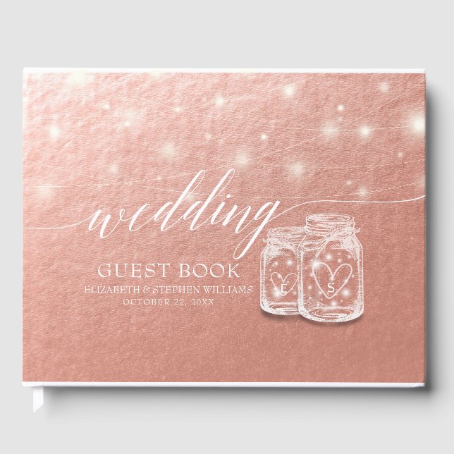 Livro De Visitas Guestbook Casado Mason Jar String Light Rosa Doura (Frente)