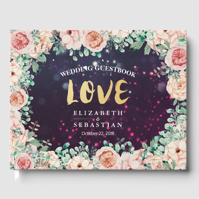 Livro De Visitas Guestbook Chic Floral Purple Sparkle Light (Frente)