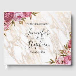 Livro De Visitas Guestbook Chic Pink Floral Dourado Marble Casado