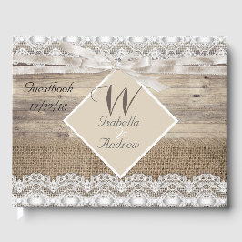 Livro De Visitas Guestbook de Beige Lace Wood Casado Russo