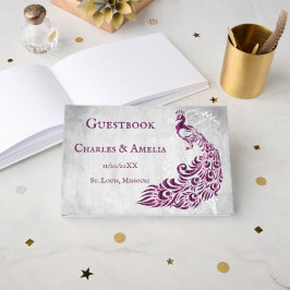 Livro De Visitas Guestbook de Casamento com Vinha de Pavão Magenta