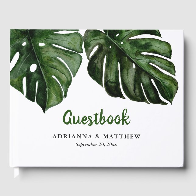 Livro De Visitas Guestbook de Casamento de Folha Verde de Monstera  (Frente)