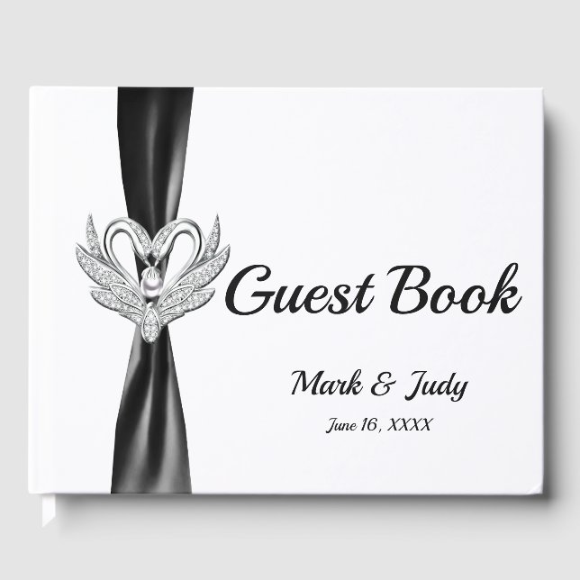 Livro De Visitas Guestbook de Casamento de Swans da Fita Negra (Frente)