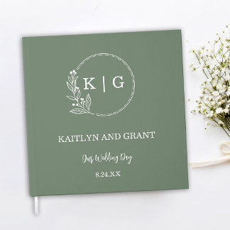 Livro De Visitas Guestbook de Casamento do Monograma Verde e Branco