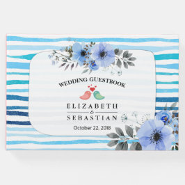 Livro De Visitas Guestbook de Casamento Floral & Azul Stripes