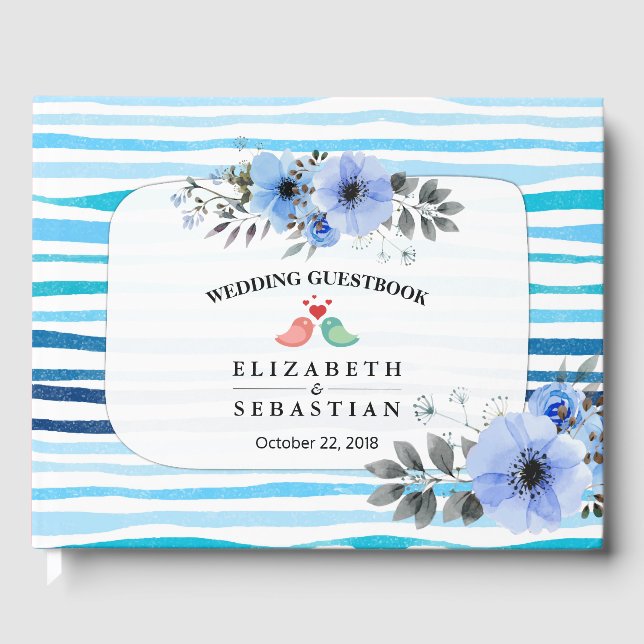 Livro De Visitas Guestbook de Casamento Floral & Azul Stripes (Frente)