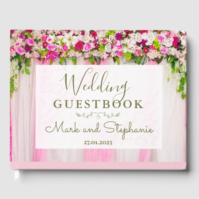 Livro De Visitas Guestbook de Casamento Floral Rosa-Brilhante Elega (Frente)