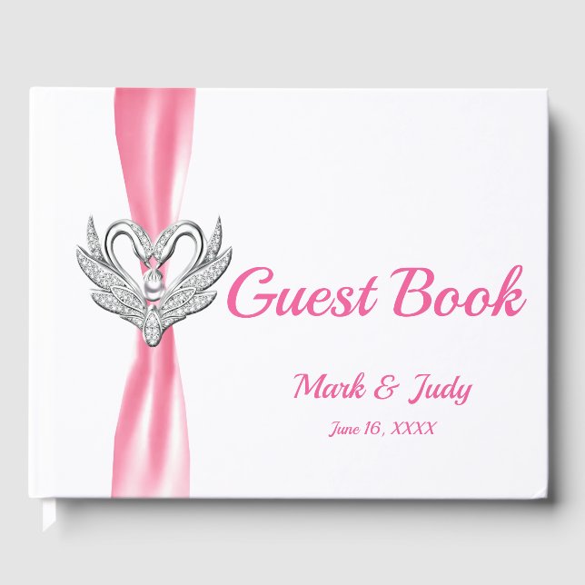 Livro De Visitas Guestbook de Casamento Swans Silver Rosa Ribbon (Frente)