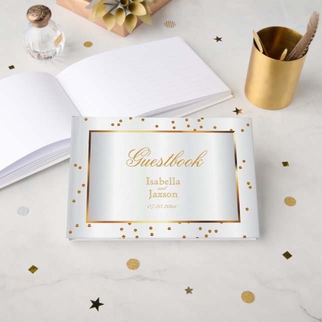 Livro De Visitas Guestbook Elegante Dourado Dots and White Satin (Frente aberta)