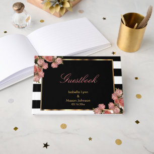 Livro De Visitas Guestbook - ouro cor-de-rosa com listras preto e