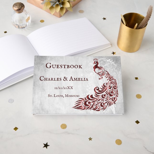 Livro De Visitas Guestbook Red Peacock Folha Vine Casamento (Frente aberta)