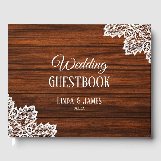 Livro De Visitas Guia de Casamento de Woodgrain e Lace (Frente)