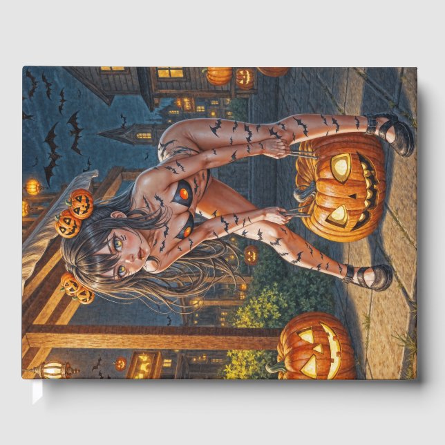 Livro De Visitas Halloween Monster Jack-o-Lanterna e Bat Vixen Girl (Frente)