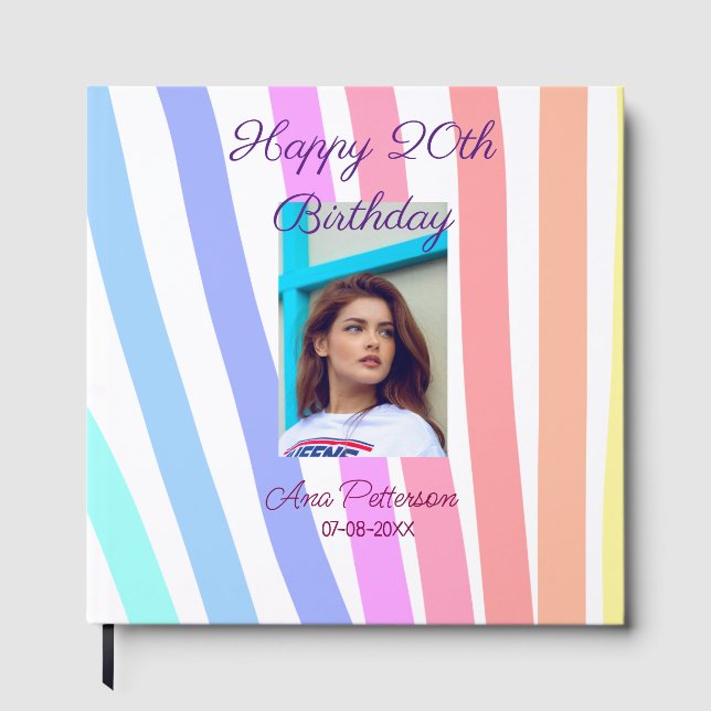Livro De Visitas Happy 20th Birthday rainbow rustic boho lines phot (Frente)