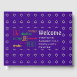 Livro De Visitas Hebraico-BEM-VINDO Roxo Personalizado<br><div class="desc">Mantenha vivas as memórias de suas reuniões especiais coletando os pensamentos de seus hóspedes neste na moda ROYAL PURPLE e Livro de Convidados de cinzas. O texto do marcador de posição é personalizável para que você possa alterar a descrição, por exemplo, para o nome da sua família, etc. As palavras...</div>