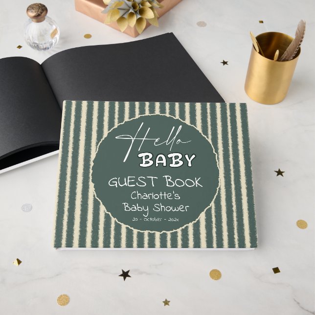 Livro De Visitas Hello Baby Dark Green Stripes Baby Shower (Frente aberta)