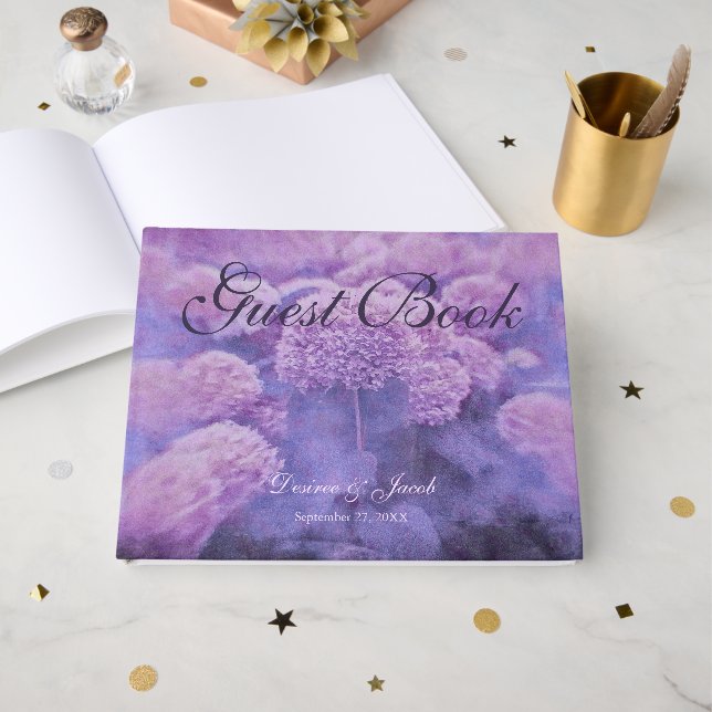 Livro De Visitas Hortênsia Casamento Rústico Floral Roxo País (Frente aberta)