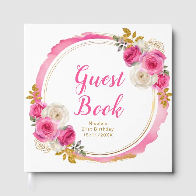 Livro De Visitas Hot Pink and Gold Elegant Flowers Birthday Party (Frente)