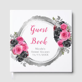 Livro De Visitas Hot Pink and Silver Elegant Flowers Sweet Sixteen