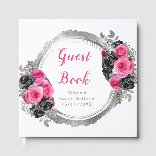 Livro De Visitas Hot Pink and Silver Elegant Flowers Sweet Sixteen (Frente)
