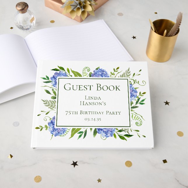 Livro De Visitas Hydrangeas Azuis para 75º Aniversário (Frente aberta)