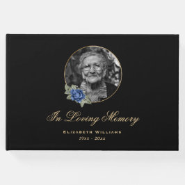 Livro De Visitas Imagem Funeral Floral de Rosa Azul-Preto Elegante