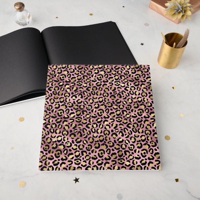 Livro De Visitas Impressão de leopardo rosa e dourado (Frente aberta)