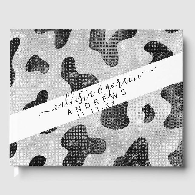 Livro De Visitas Impressão de Vaca Preta Glamorosa Negra Glitter Se (Frente)