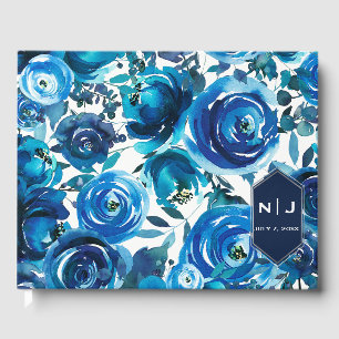 Livro De Visitas Índigo Azul Floral Flores Elegante Chic Casamento