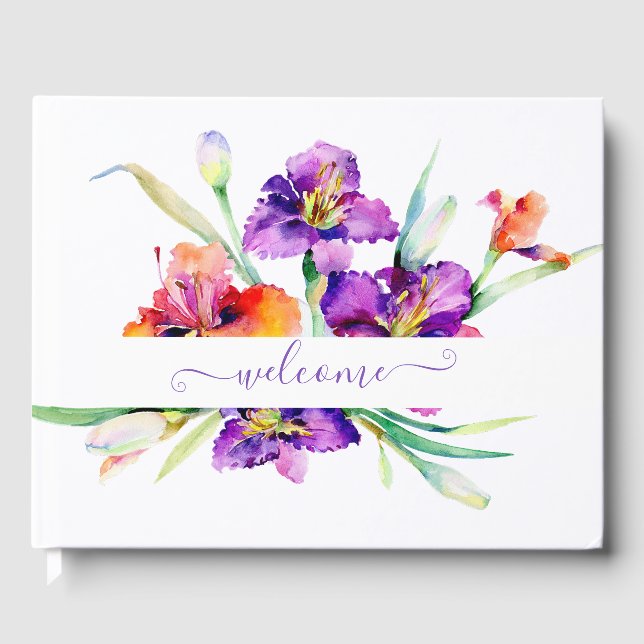 Livro De Visitas Íris personalizada em aquarela roxa (Frente)