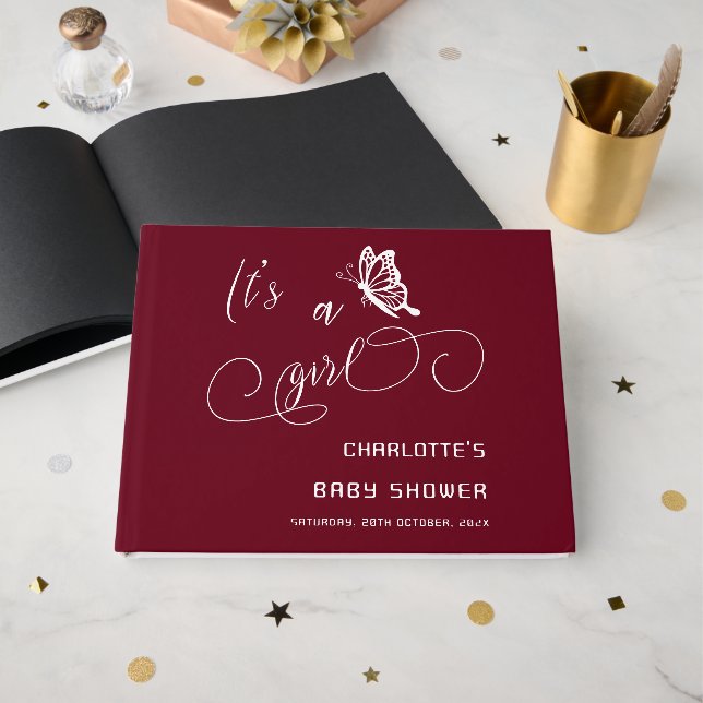 Livro De Visitas It's A Girl Modern Minimal Butterfly Baby Shower (Frente aberta)