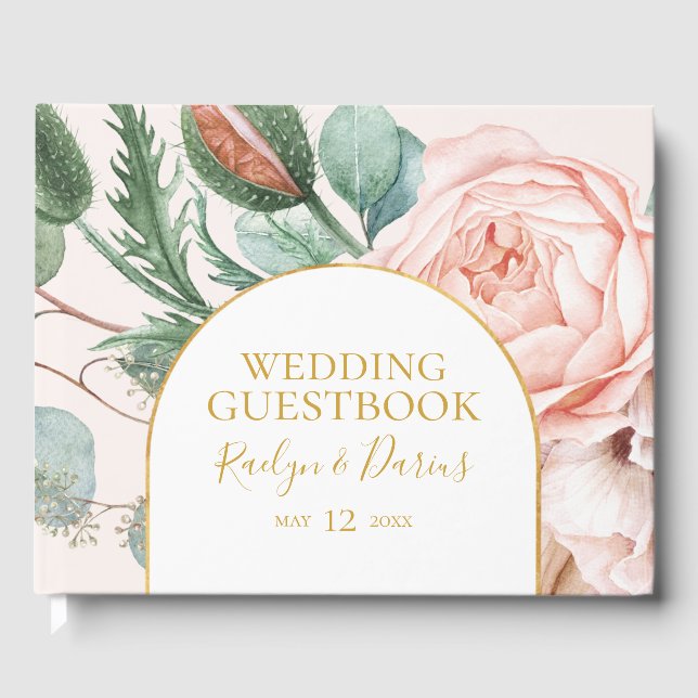 Livro De Visitas Jardim Floral Elegante Blush | Pastel Wedding (Frente)
