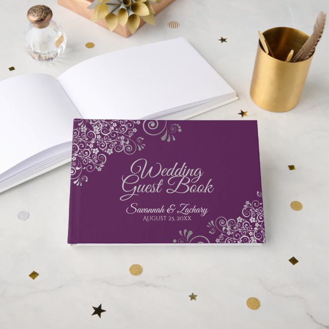 Livro De Visitas Lacy Silver Filigree Elegant Plum Purple Wedding (Frente aberta)