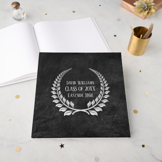 Livro De Visitas Laurel Graduação de Prata em Couro Negro (Frente aberta)