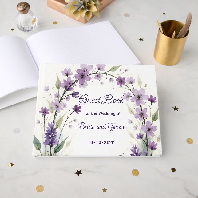 Livro De Visitas Lavender Lilac Floral Wedding (Frente aberta)