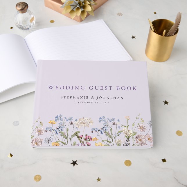 Livro De Visitas Lavender Spring Wildflower Meadow Garden Wedding  (Frente aberta)