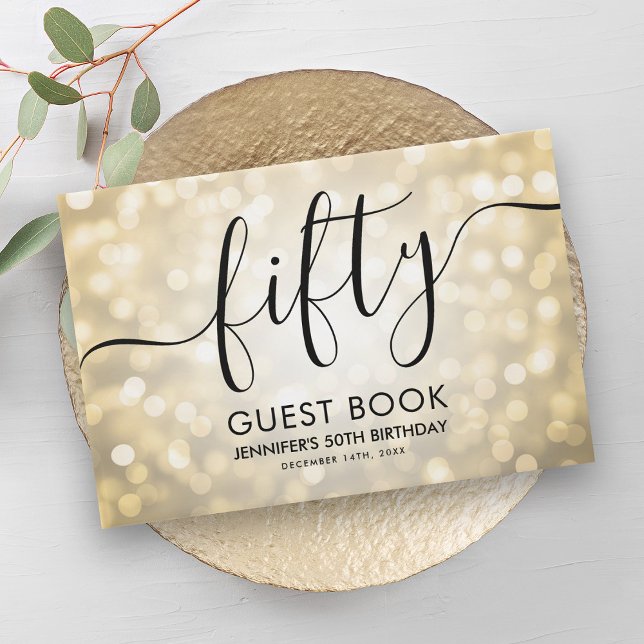 Livro De Visitas Leitura Dourada de Script Moderno Luz 50º Aniversá (Modern Script Gold Glitter Lights 50th Birthday Guest Book)