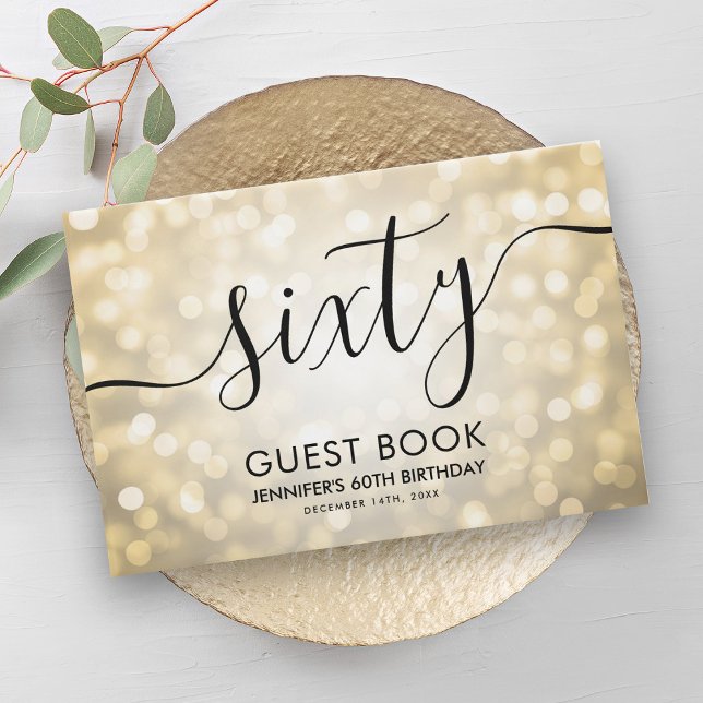 Livro De Visitas Leitura Dourada de Script Moderno Luz 60. º Aniver (Modern Script Gold Glitter Lights 60th Birthday Guest Book)