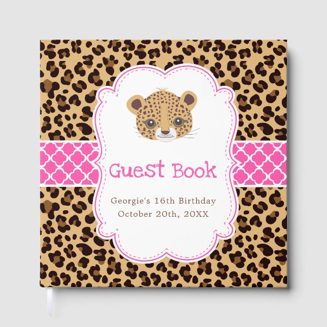 Livro De Visitas Leopard Print Pink Quatrefoil Birthday Party (Frente)