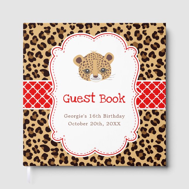 Livro De Visitas Leopard Print Red Quatrefoil Birthday Party (Frente)