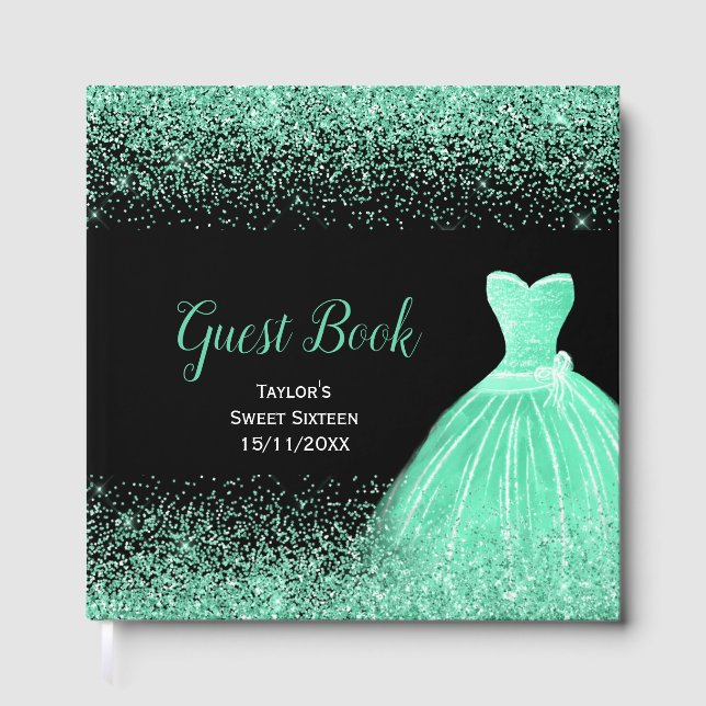Livro De Visitas Light Green Dress Faux Glitter Sweet 16 Birthday (Frente)