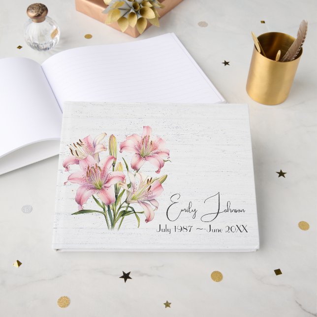 Livro De Visitas Lilases Rosa em Madeira Caiação  (Frente aberta)