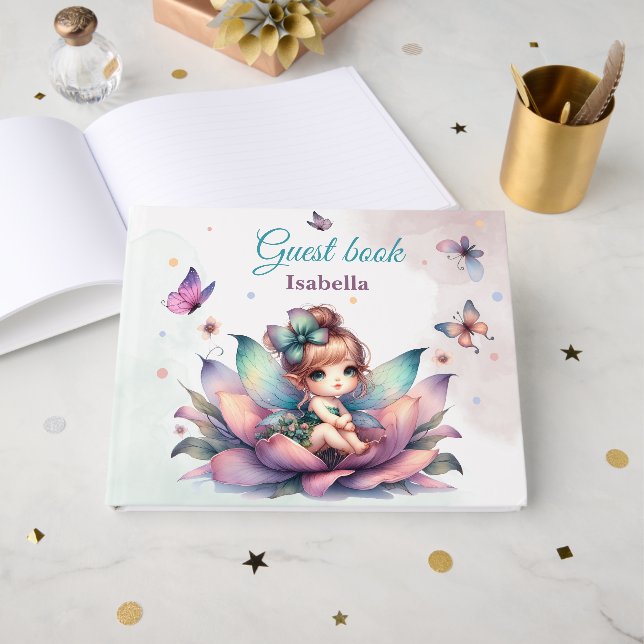 Livro De Visitas Linda fada sentada dentro da flor (Frente aberta)